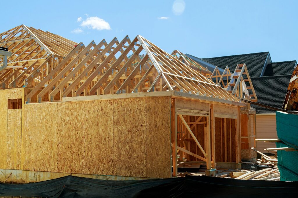 Wood framing on a new house under construction